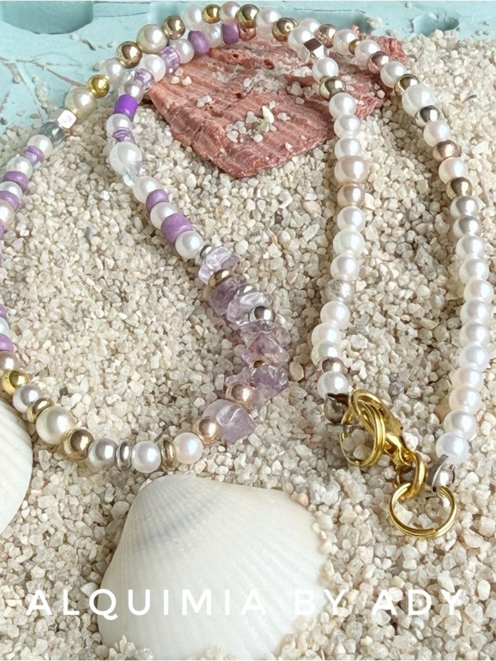 Amethyst Pink and Gold Beaded Necklace - Picture 3 of 5